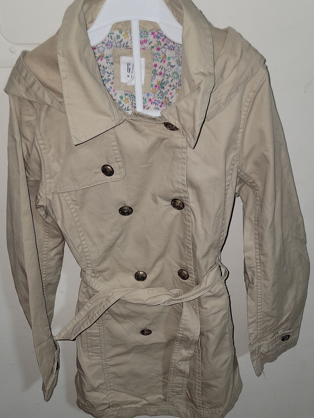 GAP Girls Size L Beige Double-Breasted Trench Coat with Floral Lining